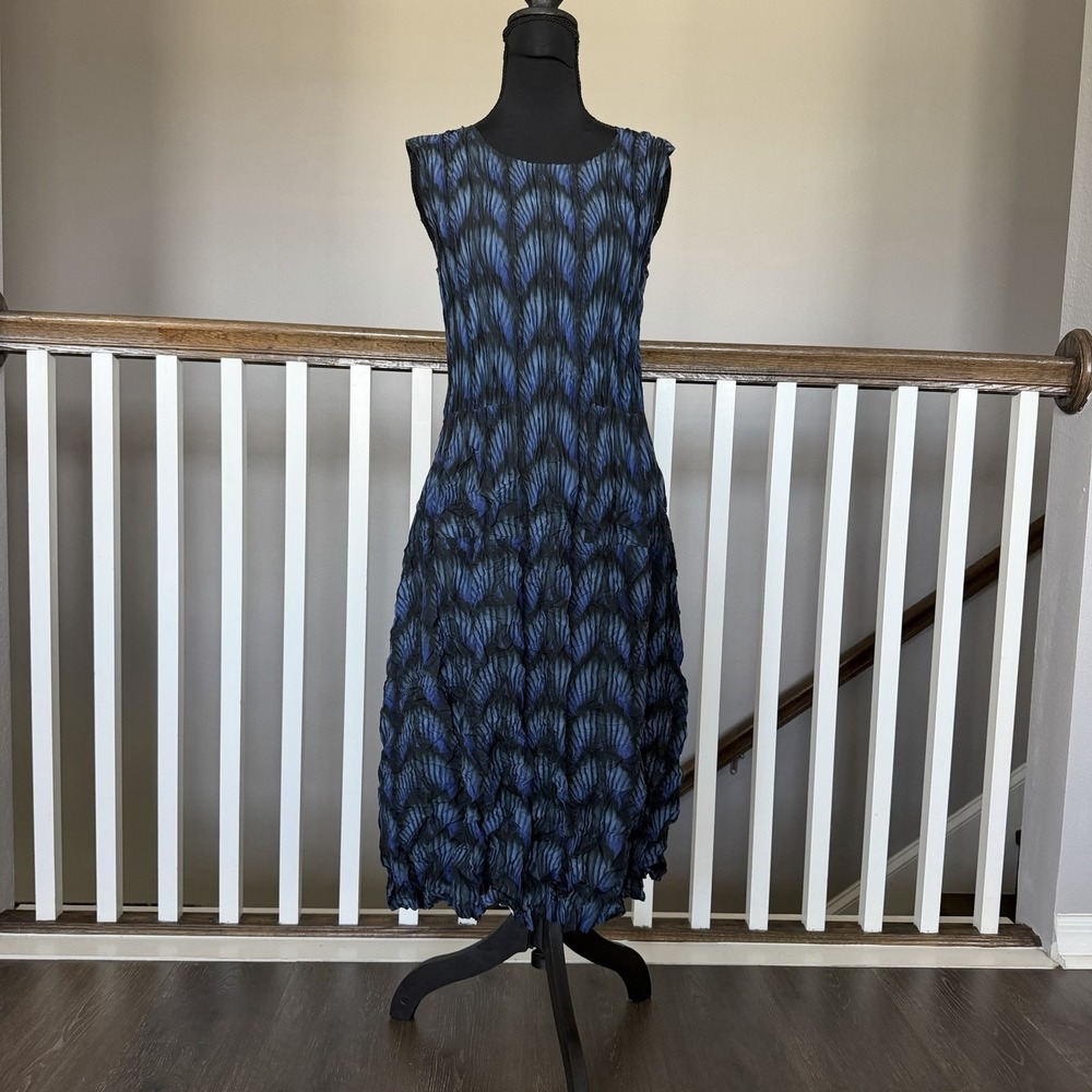 Alquema Smash Pocket Blue Pleated Abstract Feather Sleeveless Dress Crinkle Sz 0